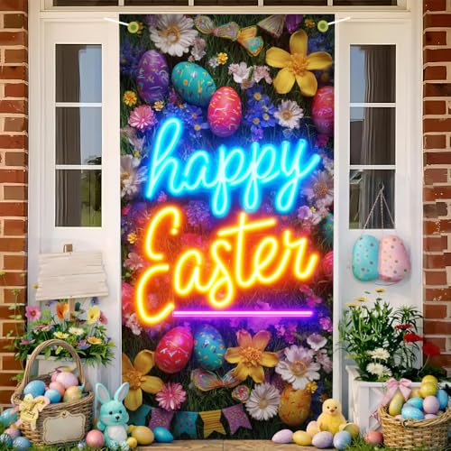 Image of Happy Easter Door Cover Neon Signs Style Bunny Eggs Banner Spring Front Door Decorations Home Party Outdoor Decor 35.4x71 Inch