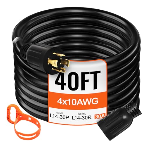 VEVOR 40 FT 30 Amp Generator Extension Cord SJTW 10 Gauge 4 Prong, NEMA L14-30P 125/250V 7500W Heavy Duty Generator Power Cord with Twist Lock Connectors