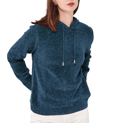 Simple&Opulence Women's Chenille Sweater Drawstring Hooded Long Sleeve Pullover Ribbed Cuff Hem Jumper Tops