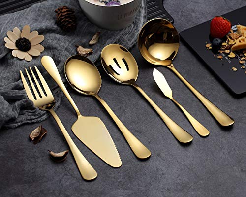 6-Piece Gold Serving Flatware Set - Stainless Steel Utensil Set, Includes Cake Server, Slotted Spoon, Serving Spoon, Meat Fork, Butter Knife, Soup Ladle