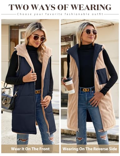 Womens Fall Reversible Vests Sleeveless Fleece Hoodie Jacket Zip Up Winter Warm Hooded Long Coat Outerwear with Pockets2