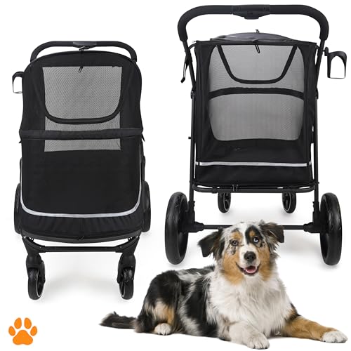 MY DUQUE – Hundebuggy Hundewagen CHAMP – XL Buggy große Hunde, geräumig, Haustierwagen, Katze, Hund, Zusammenfalten, inkl. Regencover, Getränkehalter, Stauraum, max. Last 50kg/110lb, Schwarz