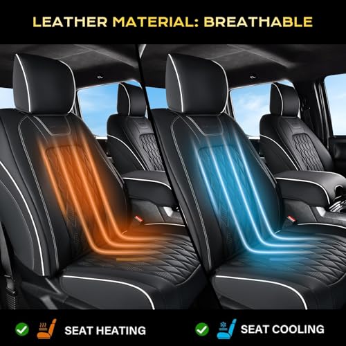 Image of Coverado Premium Leather Front Seat Covers Waterproof Heavy-Duty Protectors Custom Fit for Ford F150 (2015-2026) F250 /F350 /F450 (2017-2026)-Black w /White Stitching, Wear-Resistant