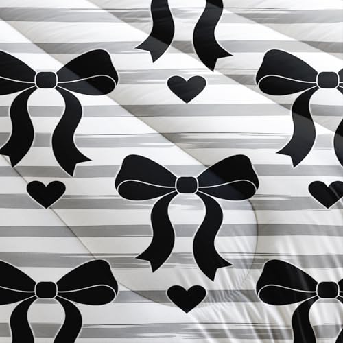 Image of AILONEN Black Bow Comforter Twin 3 Piece Monochrome Stripe Bedding Aesthetic Ribbon Heart Quilt Soft Microfiber Padded Blanket Girls Dorm Decor Trendy White Coverlet 2 Pillowcases