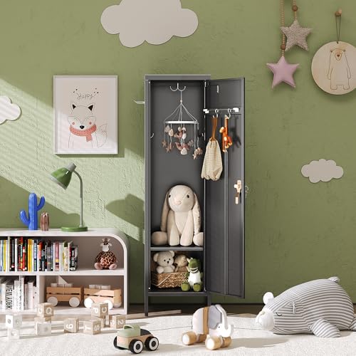 Image of SUPEER 1-Door Metal Locker with Lock, Pegboard, Hooks and Hanging Rod | 15 inchW x 15 inchD x 54.45 inchH steel locker with 2 pegboards, 5 hooks, an interior hanging rod and required assembly.