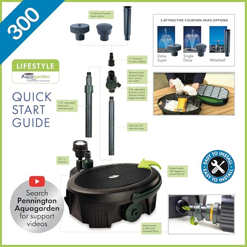 Pennington Aquagarden, Inpond 5 in 1 Pond & Water Pump, Filter, UV Clarifier, LED Spotlight and Fountain, All in One solution for a Clean, Clear, and Beautiful pond, for Ponds up to 300 Gallons