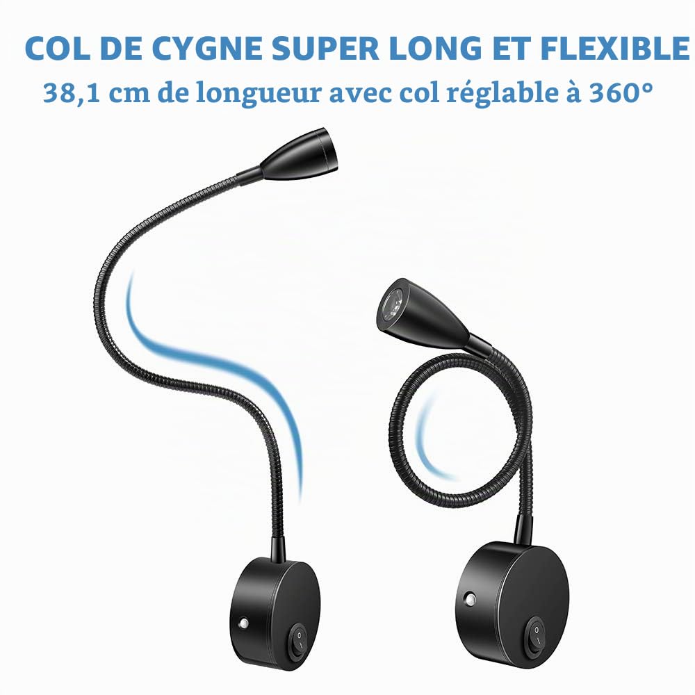 Lampe de lecture,2 lumières de lit à LED,Montée sur le mur à côté des lampes en aluminium,lampe d'éclairage blanc chaud,200 Lumen/3000K/3W,Angle de faisceau:30 °,Longueur du col de cygne:38cm