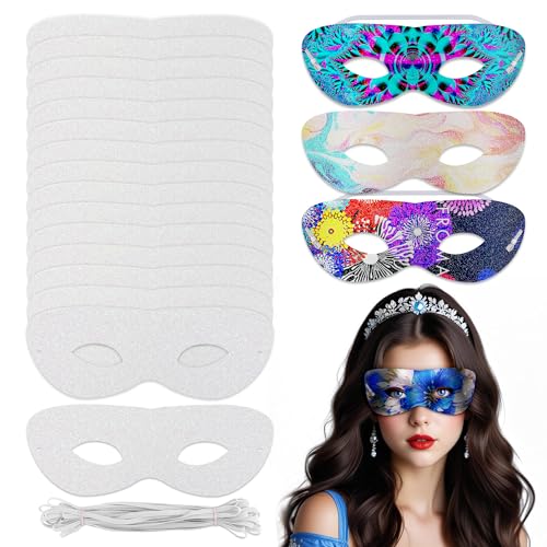 AOUXSEEM 16 Pack Half Face Mask Sublimation Blanks for DIY Masquerade Cosplay Party Decorations, Shiny White Glitter Fabric Heat Transfer Supplies, Custome Mardi Gras Halloween Dance Party Prop