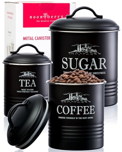 noonberry Kitchen Canisters for Countertop - 3-Piece Airtight Kitchen Canister Set - Sugar Coffee Tea Containers for Kitchen Counter - Matte Black Finish