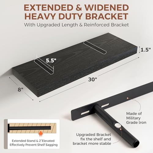 Image of Dreamland 30 Inch Black Floating Shelves for Wall,8 Inch Deep Floating Shelves,30 inch W x 8 inch D Wall Shelves for Bedroom,Living Room, Kitchen,Bathroom,Set of 2