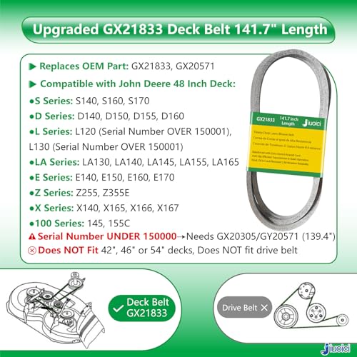 Image of GX21833 (141.7 inch) Heavy-Duty Mower Deck Belt Fits John Deere 48 inch Deck | Fits John Deere 48 inch D140 L130 L120 LA145 D160 E140 LA130 E170 D155 S170 E160 S140 Z255 155C D15, Aramid Core, Zero-Stretch