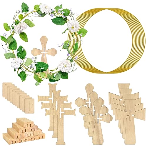 30 PCS Standing Wooden Cross Baptism Centerpieces Decor 10 Wooden Cross with Base 10 Gold Metal Floral Hoop with Wooden Stand Baptism Centerpiece Table Decor for Wedding Event Home Table Decor