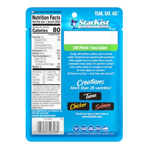 Image of StarKist Tuna Creations Dill Pickle Tuna Salad, 3oz Pouch, 24-Pack | 12g Protein Per Serving, Wild Caught Shelf Stable Seafood, Gluten Free, Soy Free, No Draining, Ready to Eat for Salads