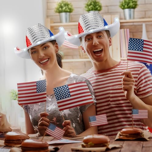 Image of Wesiti Light Up Red White and Blue Patriotic Cowboy Hats, LED American Sequin Cowgirl Hat, 4th Of July Sparkly Cowboy Hats for Women and Men Western Independence Day Party Supplies(12 Pcs)