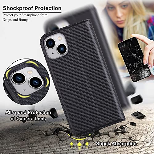 Visoul Case For Iphone 14 Wallet Case, Magnetic Carbon Fiber Leather Case With Card Holder Kickstand Rfid Blocking, Genuine Leather Folio Flip Phone Case Cover For Iphone 14(6.1-Inch) #TOP4
