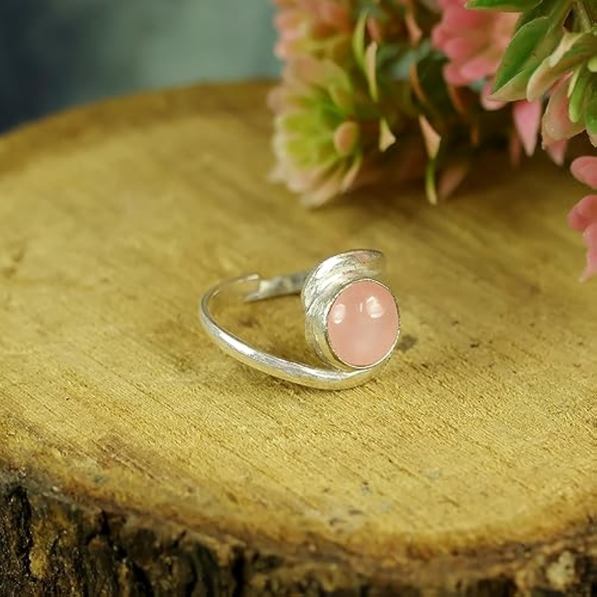 Adjustable Certified Rose Quartz Gemstone Ring for Unisex