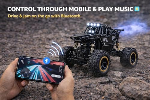 Image of TEC TAVAKKAL 4 * 4 Rechargeable Rock Climber RC Car with Bluetooth Music, Mist Spray & LED Lights | 2.4GHz Off-Road Remote and Mobile Connect Control Car | Dual Motor, Shock Absorber (Black)