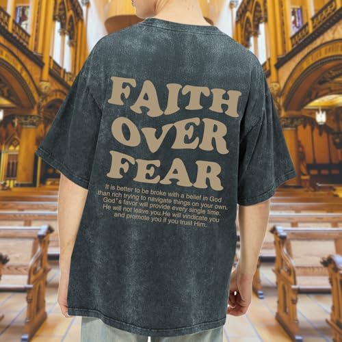 Image of Christian Shirts for Men Faith Over Fear Oversized Shirt Acid Wash Tshirt Graphic Religious T Shirt Bible Verse Tees
