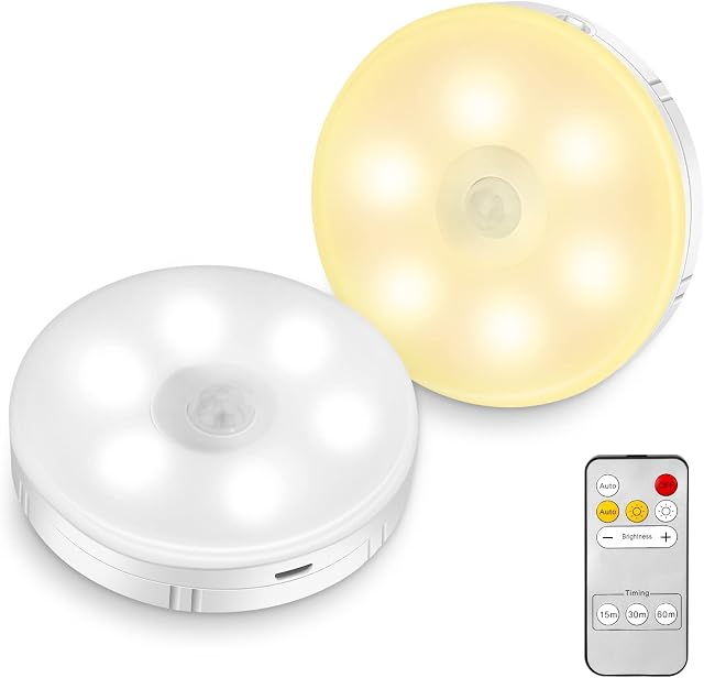 LED Night Light with Motion Sensor Lights Indoor,Timing Dimmable with Remote Control,USB Rechargeable Stick on Lights for Stairs Wardrobe Closet Cabinet Bedroom Hallway (2 Packs)