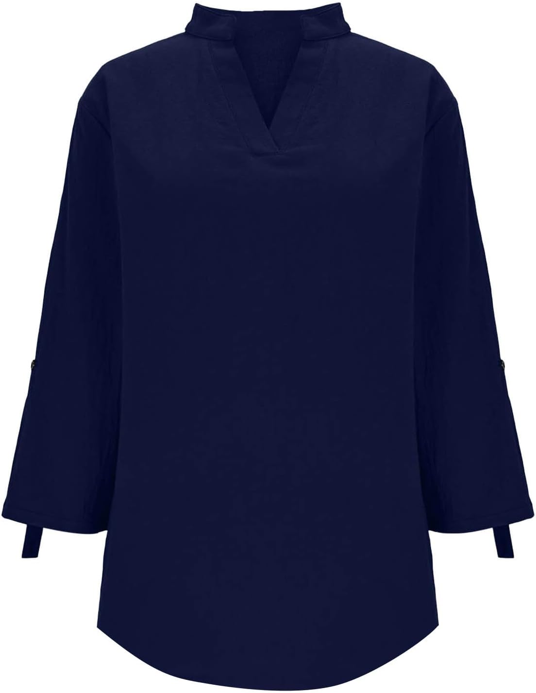 Women's Cotton Linen Shirts Fashion V-Neck Solid Color 3/4 Length Sleeves Dressy Casual Loose Comfy Blouse Tops