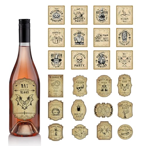 Danoib 24 Pieces Halloween Wine Bottle Labels, Vintage Waterproof Apothecary