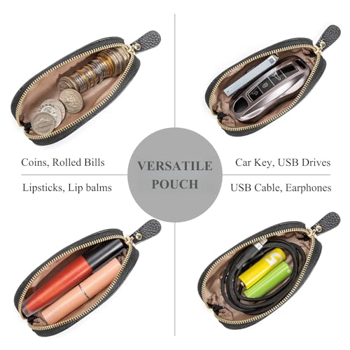 Full Grain Leather Coin Pouch - Travel Small Coin Purse with Zipper - Mini Key Pouch Change Purse for Women and Men (Black)3