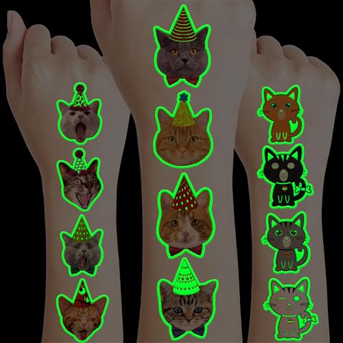 96 PCS Super Cute Cat Cats Pet Pre-Cut Luminous Temporary Tattoos for Kids Themed Birthday Party Supplies Favors Decorations 8 Sheets Fake Tattoo Stickers Gifts For Boys Girls School Rewards