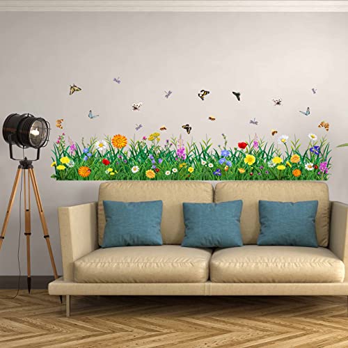 PinkEleph Green Grass Wall Corner Stickers - Flowers Butterflies Baseboard Skirting Line Decals - Bedroom Living Room TV Sofa Background Family Wall Decor (W:67 inches)