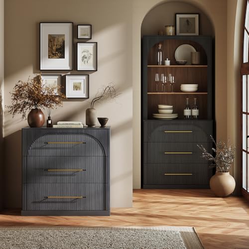 Image of BELLEZE Fluted Modular Sideboard Cabinet, Classic Modern Buffet Cabinet with 3 Drawers, Accent Credenza Cabinet for Living Room Kitchen Entryway (Ebony)