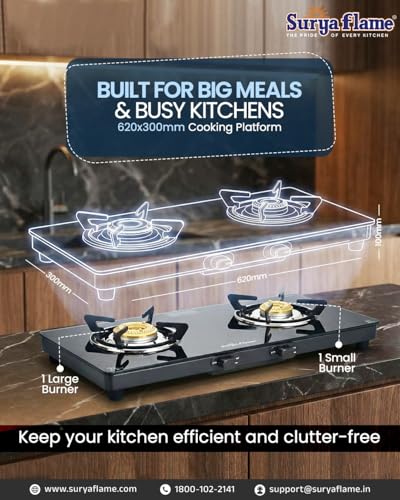 Image of Surya Flame Creta Gas Stove 2 Burners Glass Top | Tri-pin Brass Burner | 2 Burner Gas Stove, Stove 2 Burner, Manual Ignition, Ultra Slim Design with Toughened Glass Top, Removable Drip Tray