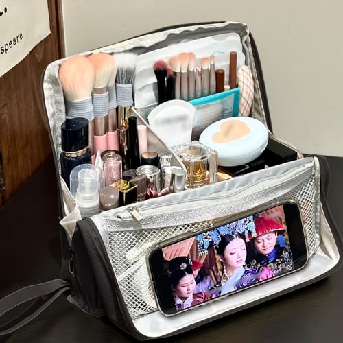 standing makeup bag, Women's Large Capacity Foldable Magnetic Travel Makeup Storage Bag, Waterproof Portable Open Makeup Bag with Divider,black - Image 3