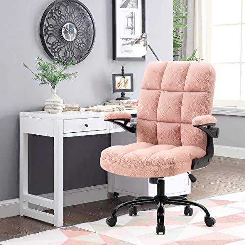 Seatzone Home Office Chair Ergonomic Executive Desk Chair Comfortable Computer Chair With Flip-Up Arms,Faux Fur Chair With Lumbar Support,Pink #TOP1
