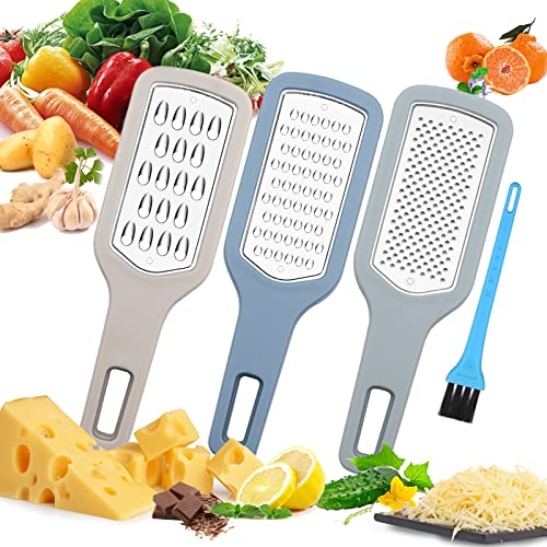 Konfon Sole Cheese Grater with Handle, 3-in-1 Stainless Steel & Plastic, Silver, Coarse/Medium/Fine Hole Grater + 1 Cleaning Brush