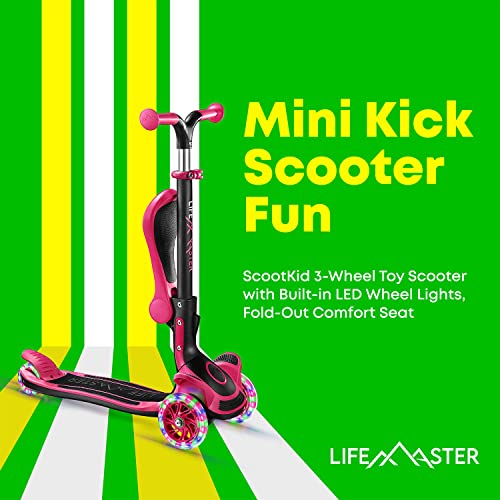 Kids Scooter – Foldable Seat – Led Wheel Lights Illuminate When Rolling – Children And Toddler 3 Wheel Kick Scooter – Adjustable Handlebar – Indoor And Outdoor- Pink - By Lifemaster #TOP5
