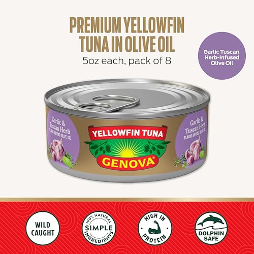 Image of Genova Premium Yellowfin Tuna in Garlic and Tuscan Herb Infused Olive Oil, 5 Ounce Can (Pack of 12), Wild Caught, Solid Light
