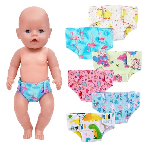 6 Stück Baby Puppen Windeln für 12-17 Zoll Puppens, Süßes Puppens Windeln für Baby Puppen 30/43/45 cm, 6 Verschiedene Muster und Stile,Wiederverwendbar Puppenunterwäsche Geschenke für Kinder