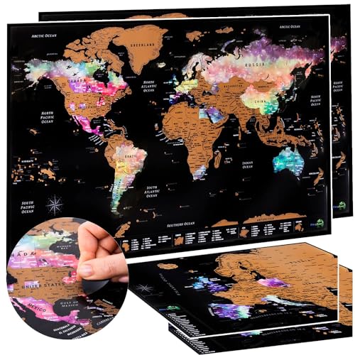 2 PACK - ATLAS & GREEN Poster Carte du Monde a Gratter | Planisphère à Gratter | Scratch Map Aquarelle Nébuleuse | Carte Europe et Tube Inclus