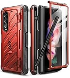 SUPCASE Hülle für Samsung Galaxy Z Fold 3 5G (2021), Stoßfest Handyhülle Bumper Case Robust Schutzhülle [Unicorn Beetle Pro] mit integriertem Displayschutz & Ständer & S Pen Slot (Rot)
