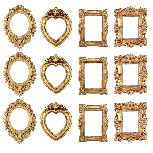 12 Pcs Vintage Resin Picture Frame Small Gold Oval Rectangle Antique Jewelry Frame Mini Tiny Display Table Wall Hanging Photo for DIY Crafts Holiday Party Wedding Christmas Hotel Decoration