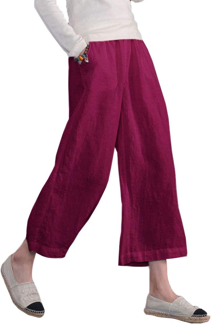 ECUPPER Womens Casual Loose Elastic Waist Cotton Trouser Cropped Wide Leg Pants