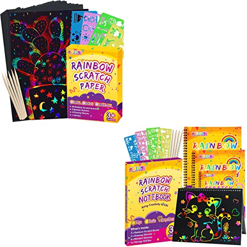 pigipigi Gifts for 3-12 Year Old Girls Boys - Rainbow Scratch Notebooks Arts Crafts Supplies Set Color Drawing Paper Kit for Kids Birthday Game Party Favor Christmas Easter Activity Toy