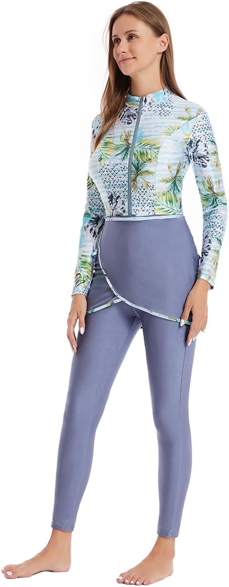 Women's Muslim Swimwear Long Sleeve Burkini Full Cover Swimsuit Rash Guard, 3pcs Set