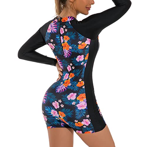 Foto von FYMNSI Damen Surfanzug Badeanzug mit Bein Reißverschluss Einteiler Langarm Rashguard UPF 50+ Bademode Surfen Schwimmanzug Blumen Bedruckt Bauchweg Sportlich Sonnenschutz Badebekleidung Blumenmuster M