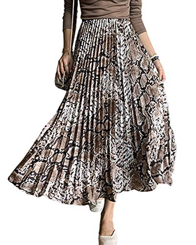 ebossy Women's Snakeskin Leopard Print Elastic Waist A-Line Pleated Long Skirt