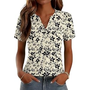 LOMON Womens Tops Dressy Casual V Neck Short Sleeve Shirts Summer Pleated Blouses Button Down Tunic Loose Fit Apricot Black Floral XX-Large