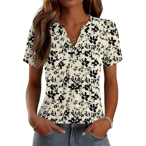 LOMON Womens Tops Dressy Casual V Neck Short Sleeve Shirts Summer Pleated Blouses Button Down Tunic Loose Fit Apricot Black Floral X-Large