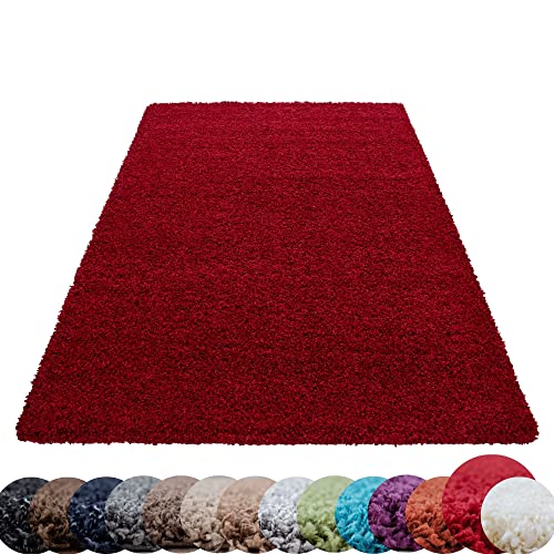 HomebyHome Shaggy Teppich Wohnzimmer Flauschiger Teppich 160x230 cm Rot Einfarbig - Hochflor Teppich...