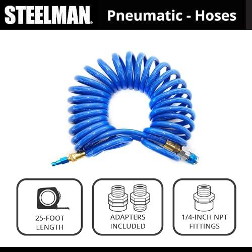 Steelman 25-Foot 3/8-Inch Id Coiled Air Hose With Reusable 1/4-Inch Npt Brass Fittings, Quick Connect Universal Amt Style Coupler And T-Style Automotive Plug, Kink Resistant Polyurethane Tubing #TOP1