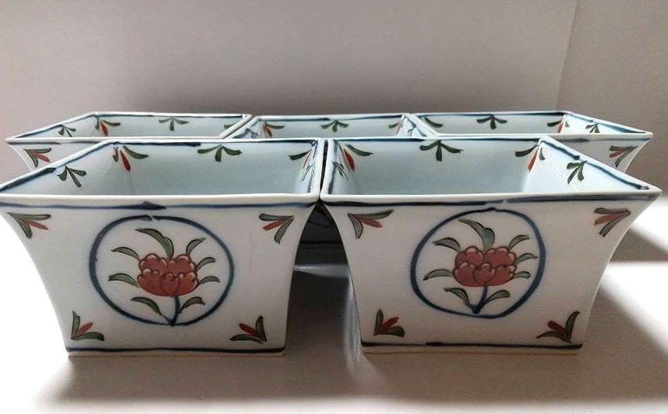 源右衛門 染錦牡丹丸紋 角鉢 5客 有田焼 源右衛門窯 染錦 牡丹