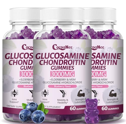 CocoaNee 3 Packs 3000MG Glucosamine Chondroitin Gummies Extra Strength Joint Support Supplement with MSM & Elderberry Flexibility Antioxidant Immune Support Gummy for Adults Men & Women 180Cts
